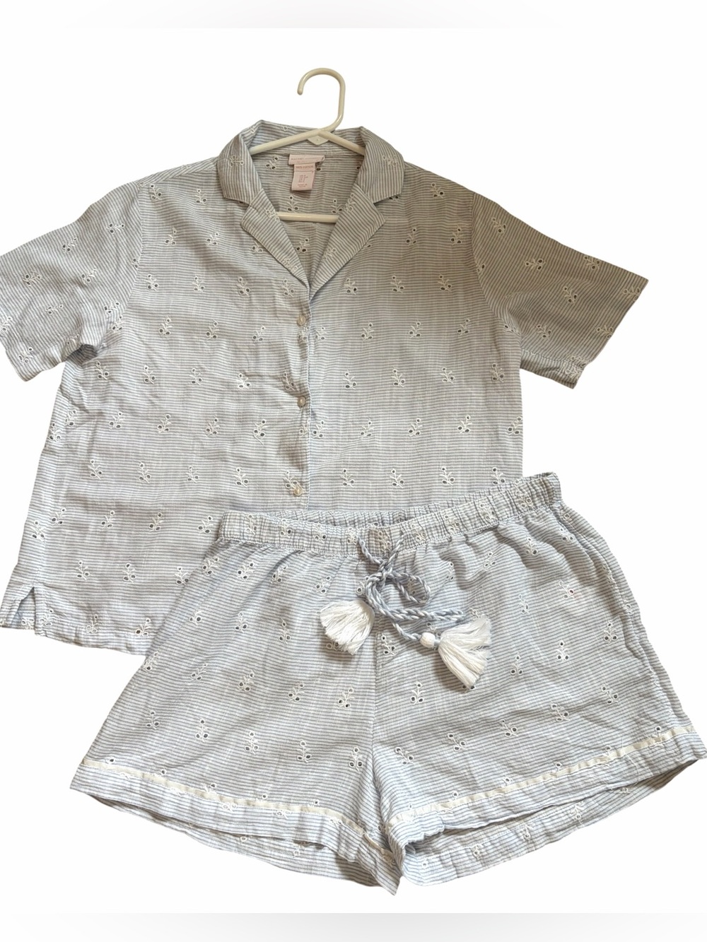 Rachel Ashwell Cotton Light Blue Striped Eyelet Pajama Set - Picture 3 of 8